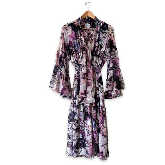 MISA Los Angeles Dress Midi Purple Floral Merce Ruffle Tie Sz S - Picture 2 of 6
